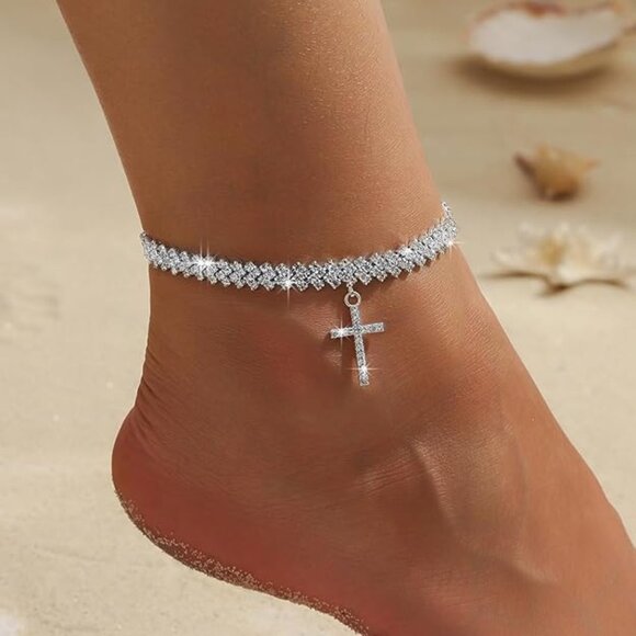 Cross Anklets - Silver Waterproof Diamond Rhinestone for Women - Picture 2 of 7